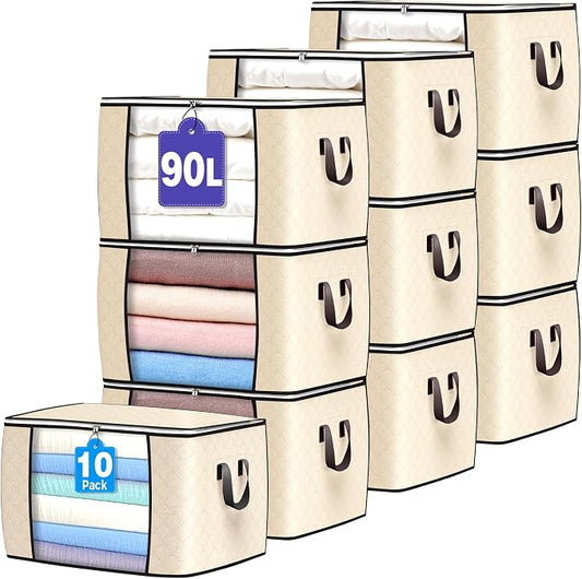 90L Large Storage Bags, 10 Pack Clothes Storage Bins Closet Organizers | Foldable Storage Containers, with Reinforced Handle, for Clothing, Blanket, Comforters, Bed Sheets, Pillows and Toys