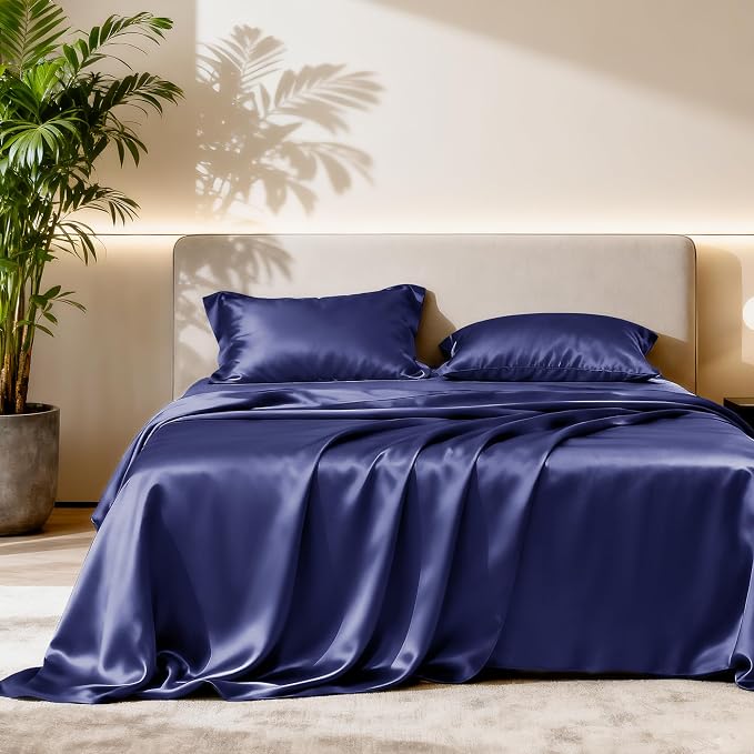 Love's cabin Twin XL Satin Sheet Sets - 3 Piece Navy Blue Silky Bed Sheets with Deep Pockets, Luxury Silk Feel Satin Sheet Set Twin XL (1 Flat Sheet,1 Fitted Sheet,1 Pillow case)