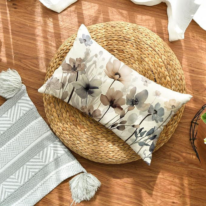 AVOIN colorlife Poppy Flowers Spring Fall Throw Pillow Cover 12x20 Inch | Chinoiserie Seasonal Leaves Cushion Case Decoration for Sofa Couch Farmhouse