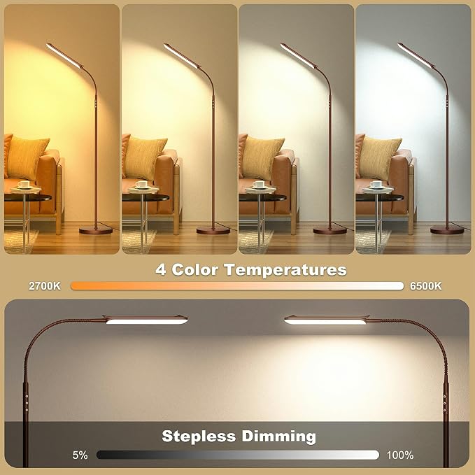 Yikuneng Dimmable LED Floor Lamp, Super Bright Reading Lamps Floor Standing lamp with Remote & Touch Control, Stepless Dimming & 2700K-6500K Color Temperature, for Living Room Bedroom Office, Brown