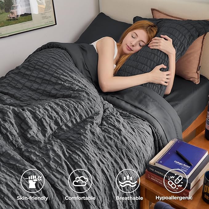 HYMOKEGE Twin XL Comforter Set Seersucker 5 Pieces, All Season Luxury Bed in a Bag for Bedroom, Bedding Set with Comforter, Sheet, Pillowcase & Sham, Dark Grey