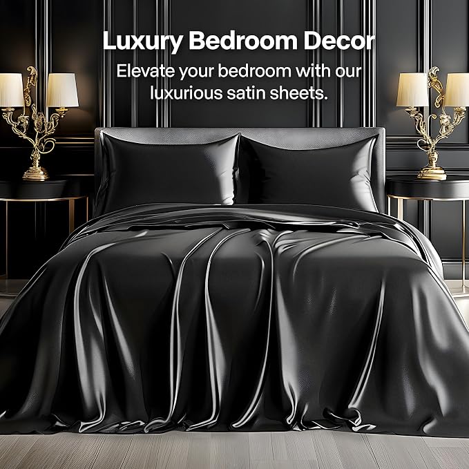 BEDELITE Satin Sheets Full Size Bed Set, Black, 4 Pieces | Luxury Silky Bed Sheets, 15 Inch Deep Pocket, Similar to Silk, Soft and Cooling, Reduces Friction, Gentle on Hair and Skin