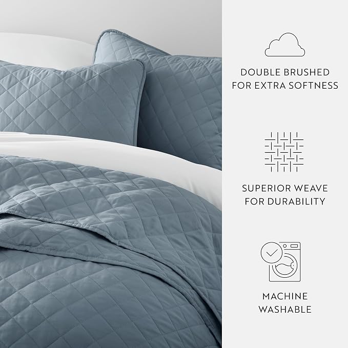 Merit Linens Modern Quilt Coverlet Soft Set in Diamond Stitching - Full/Queen Dusk Blue