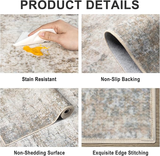 PLHXFR 10x14 Area Rug Living Room: Abstract Washable Carpet Brown Grey | For Bedroom Dining Room Farmhouse Nursery Home,Machine washable,Non Slip,Large Soft Neutral,Stain Resistant, Indoor Floor