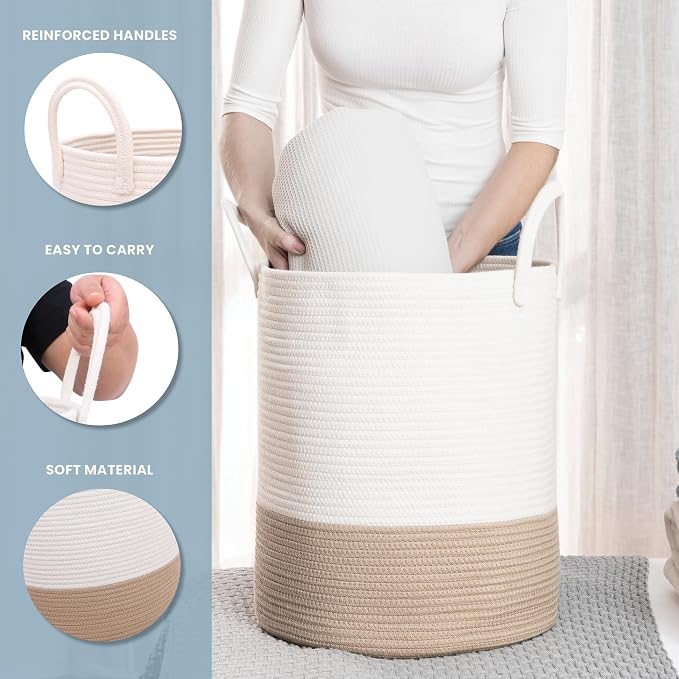 OrganiHaus Tall Cotton Rope Laundry Basket & Hamper, Blanket Storage 52L | Honey / Off-White - Tall Cotton Rope Hamper, 52L