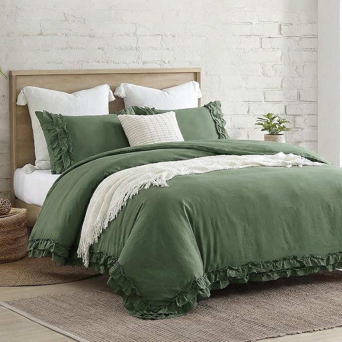 Bedorm Boho Queen Duvet Cover Olive Green Bedding Set Shabby Chic Lace Fringe Ruffle Bedding Super Soft Warm Farmhouse Comforter Cover 3 Pcs Sets