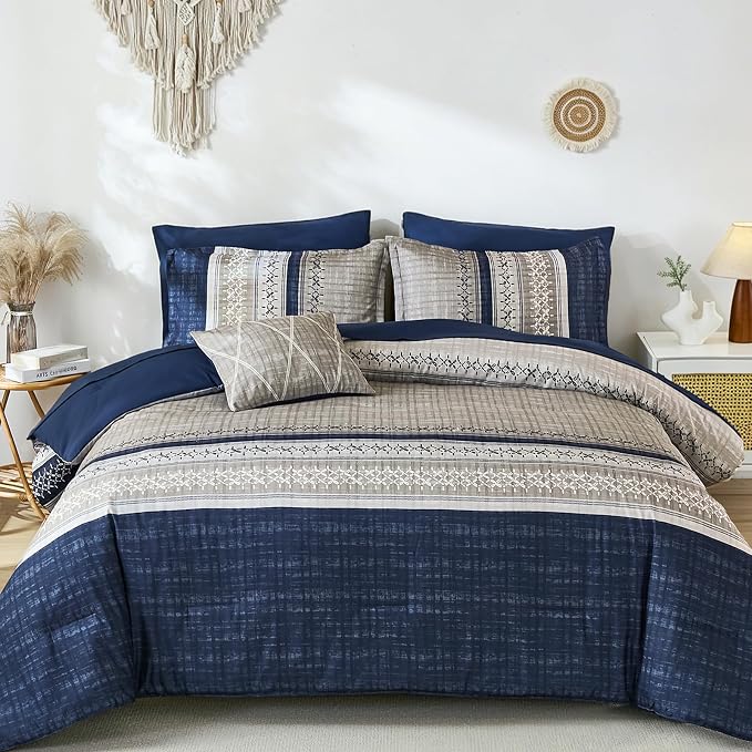 Dintszyayue Blue King Comforter Size Set, 8 Pieces Boho Grey Striped Texture Bed in a Bag Sets, Lightweight Soft Bohemian Comforter and Sheet Set, All Season Microfiber Bedding Sets for Men Women