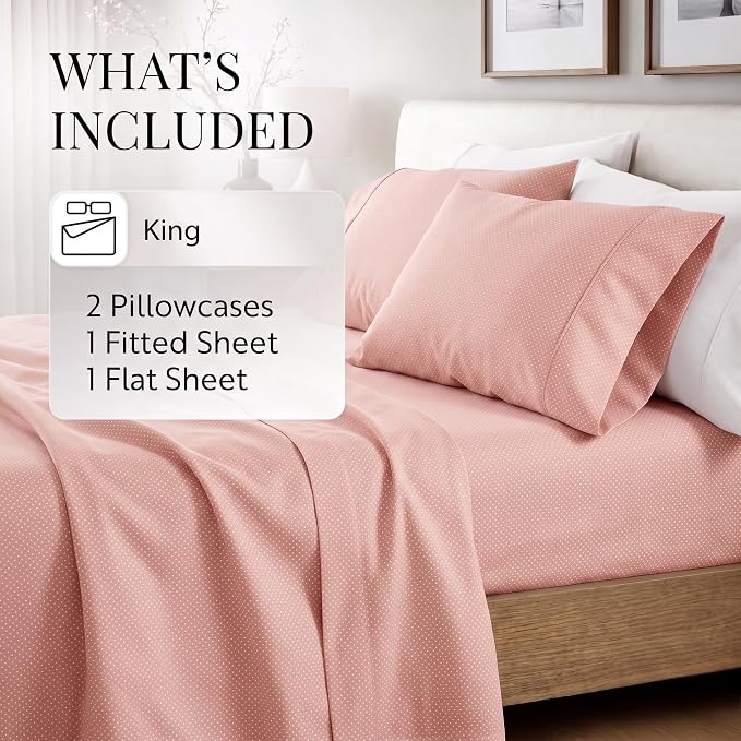 Linen Market 4 Piece King Sheet Set - Breathable, Double-Brushed Patterned Cooling Sheets – Oeko-TEX Certified Ultra Soft & Wrinkle-Free 16" Deep-Pocket King Sheets - Easy Care My Heart Pink