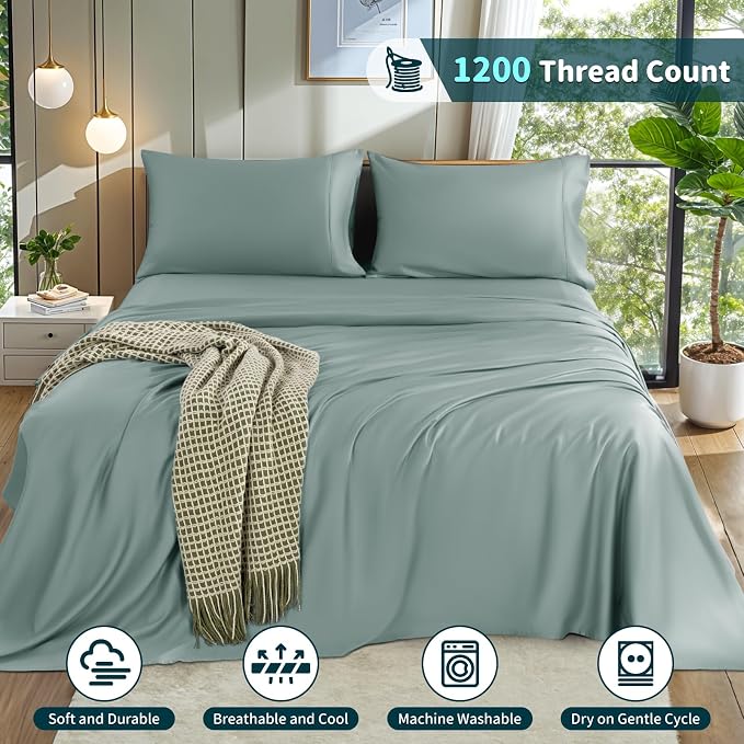 LBRO2M 100% Egyptian Cotton Sheets 1200 TC, Deep Pocket 16", 4Pcs, Full | Long Staple Cotton Bed Sheets, Extra Soft and Breathable Sheets, Cozy for All Seasons, Sage Green