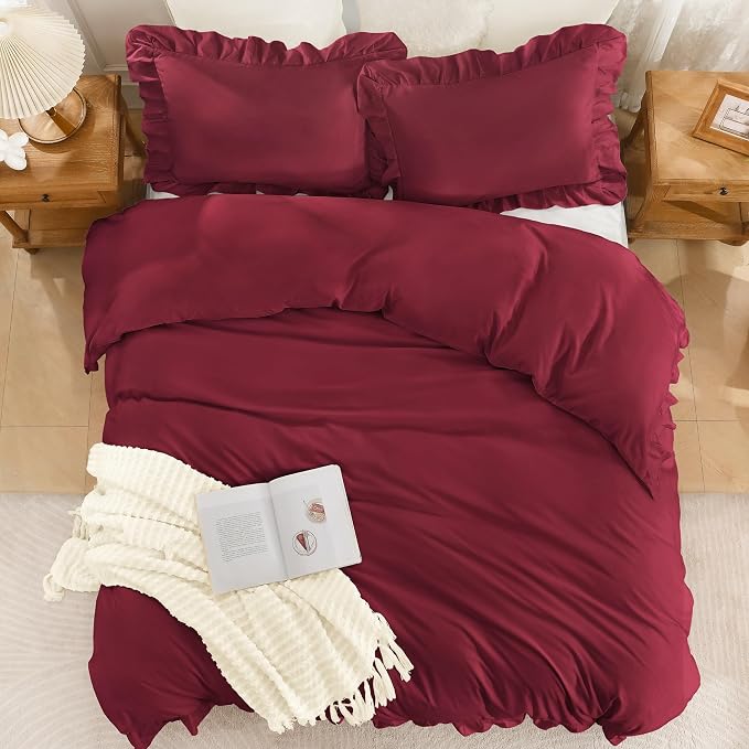 Andency Burgundy Ruffle Duvet Cover King, Shabby Chic Farmhouse Bedding Set | 3 Pieces Soft Washed Polyester Vintage Ruffled Comforter Cover Set with Zipper Closure & Corner Ties, 104x90Inch
