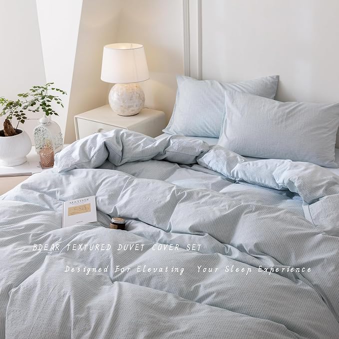 BDEAR 3Pcs Light Blue Pinstriped Duvet Cover Set King Size 104''Wx90''L | Light Weight Design, 1 Duvet Cover with 2 Pillowcases, Zipper Closure, OEKO TEX Standard,8 Corner Ties, Skin Friendly