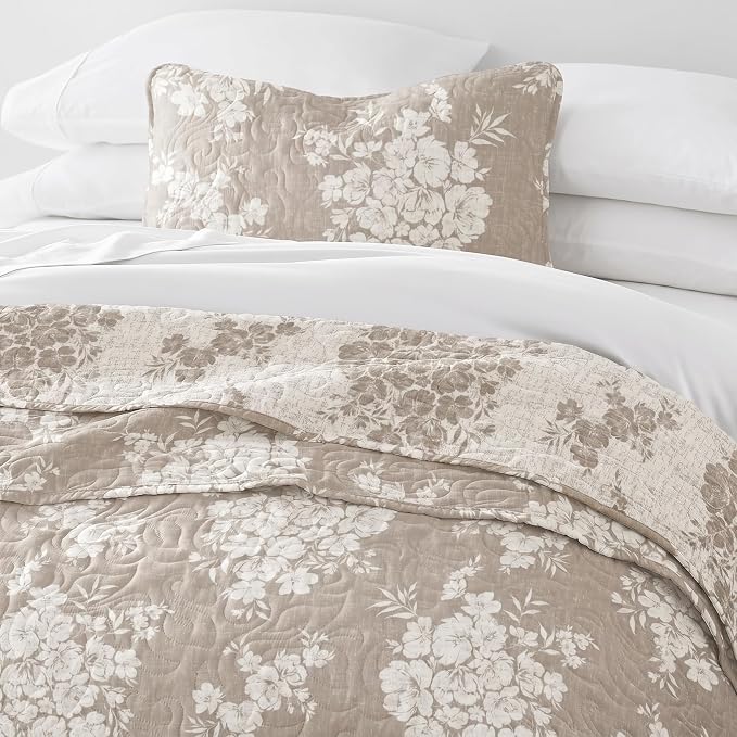 Merit Linens 3 Piece Quilt Set - Super Soft - Lightweight - All Season Quilted Coverlet - Timeless Patterns - Twin/TwinXL Taupe