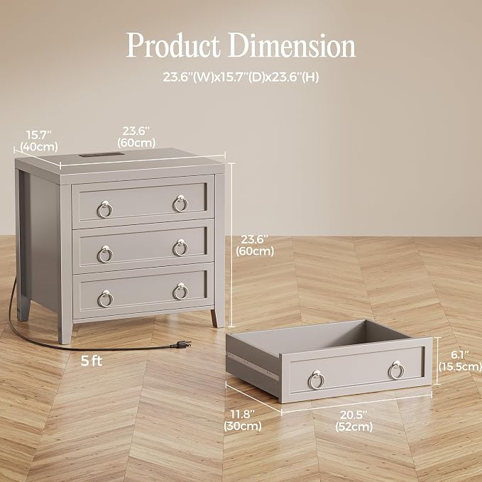 Huuger Paint Night Stand with Charger Station, 3 Drawer Nightstand Set of 2 | Larger Wider Bedside Table with USB-C Port, Modern End Table, for Bedroom, Living Room, Grey Nightstand