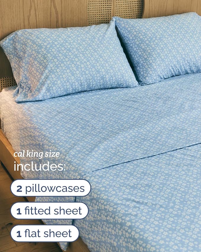 Cal King 4 Piece Floral Sheet Set - Breathable & Cooling - Blue Meadow | 1 Flat, 1 Fitted & 2 Pillowcases w/ Deep Pockets, Boho Botanical Floral Bedding, Breathable & Cooling, Wrinkle & Fade Free