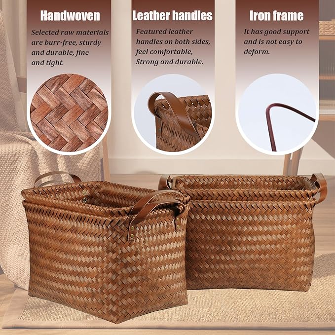 BROWNLILY Handwoven Clothes Basket Laundry Hampers Large Wicker Storage Baskets for Shelves Blankets Closet Storage Bins Car Bedroom Bathroom Organizers and Storage Bath (Pack of 10, Brown)