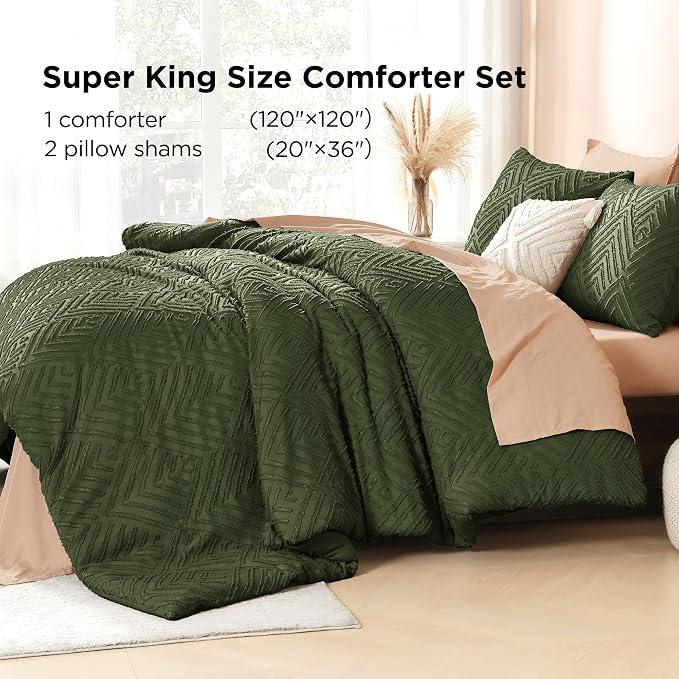 Litanika Super King Size Comforter Set, 3 Pcs Tufted Boho Bedding Set | Olive Green Farmhouse Shabby Chic Vintage Bohemian Textured Aesthetic Soft Fluffy Lightweight Breathable All Season Bed Set