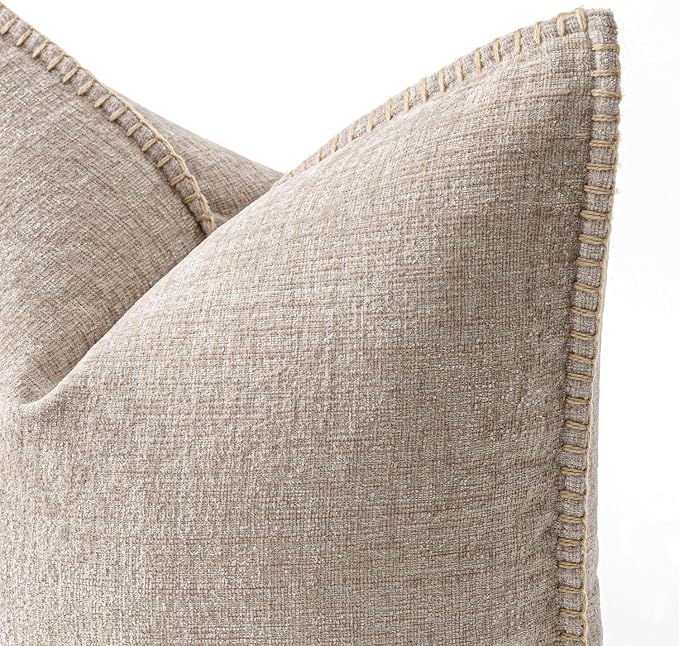 MIULEE Decorative Couch Throw Pillow Covers 20x20 Inch Taupe 2 Pack | Farmhouse Pillow Covers with Stitched Edge, Soft Chenille Cushion Cases, for Sofa Bed Living Room Home Decor
