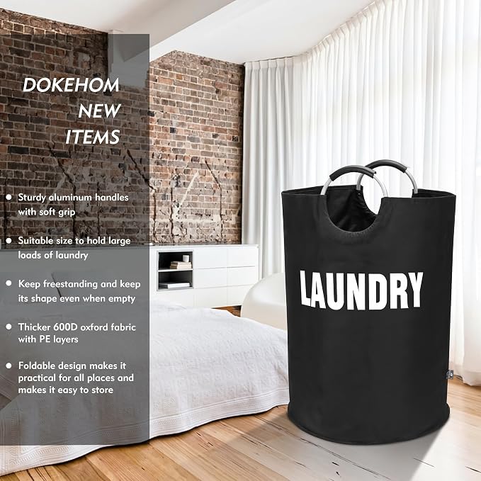 DOKEHOM 160L XX-Large Laundry Basket (7 Colors), Collapsible Laundry Bag, Foldable Laundry Hamper, Folding Washing Bin (Black, XXL) | Freestanding tall washing bin & foldable laundry bag. Extra large clothes storage basket with durable sturdy handles