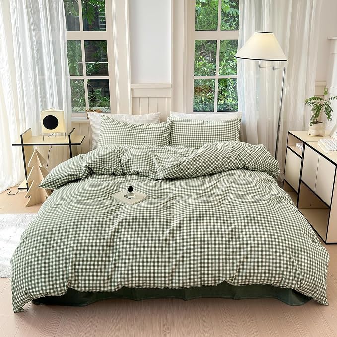 LifeTB Green Gingham Comforter Set California King Modern Style Green Plaid Grid Comforter with 2 Pillowcases Soft Fluffy Checkered Pattern Comforter Farmhouse Gingham Bedding Set Breathable