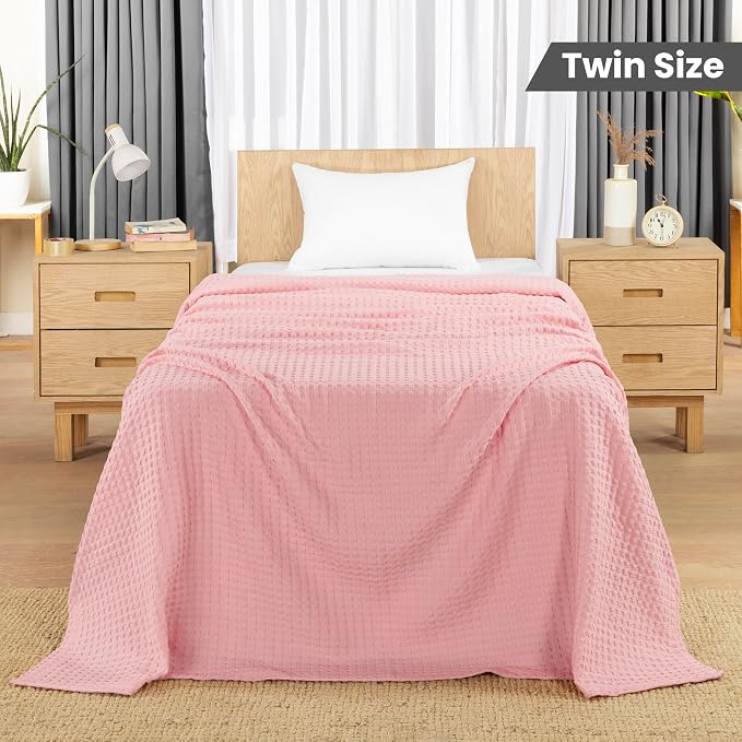 Utopia Bedding 100% Cotton Waffle Blanket Twin Size Pink, 90x72 Inch | Lightweight Breathable Cozy Summer Bed Blanket Home Decor Gift for Women and Men