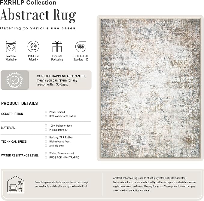 6x9 Area Rug Living Room Rug: Washable Modern Abstract Soft Thin Rug Indoor Floor No Slip Stain Resistant Carpet for Bedroom Dining Room Farmhouse Nursery Home Office - Brown Grey
