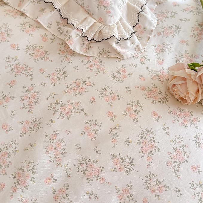 mixinni Shabby Chic Floral Duvet Cover Set Twin, 100% Cotton Cottagecore Bedding with Double Ruffle Lace Trim, Reversible Pink Rose Flower Vintage Farmhouse Comforter Cover with Zipper & Corner Ties