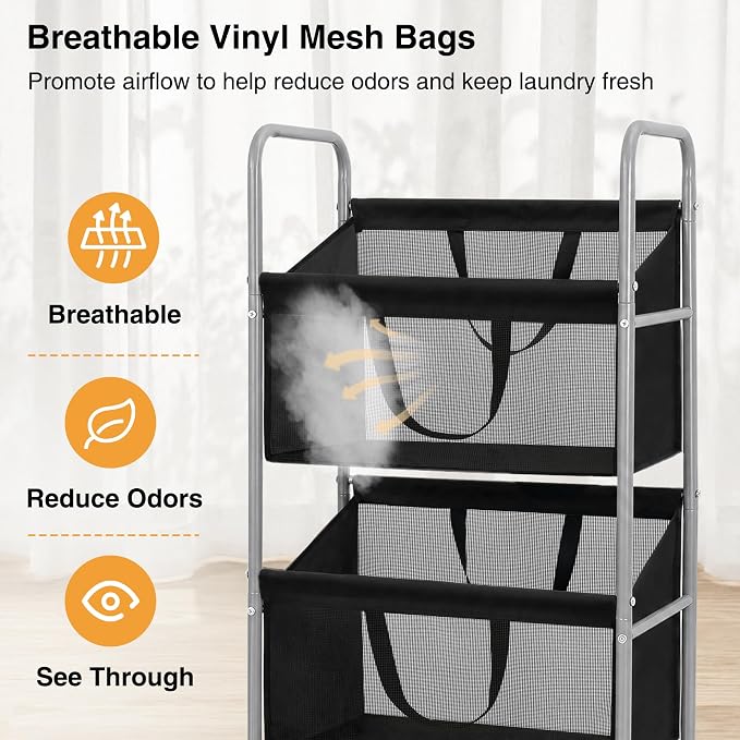 STO STO 3-Tier Vertical Rolling Laundry Hamper, Removable Bags, Black Mesh | 120L Capacity, Space-Saving Vertical Design, Rust-Resistant Steel Frame, Lockable Wheels, Ideal for Apartments & Small Spaces