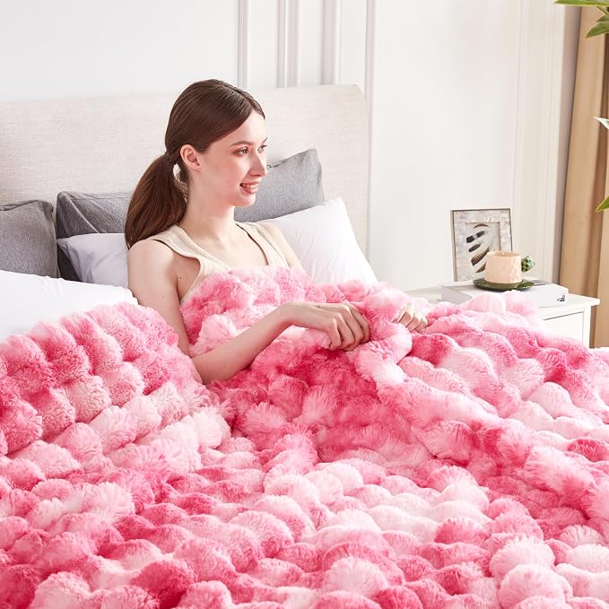 50x60 Inches Ultra-Soft Fuzzy Faux Fur Plush Throw Blanket - Thick, Warm Sherpa for Couch, Sofa, Bedroom, Camping - Decorative Blanket for Cozy Warmth, Bubble Pink Tie Dye