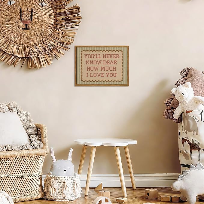 Framed You'll Never Know Dear How Much I Love You Wall Art, Vintage Nursery Pink Green Striped Pictures Wall Decor, Inspirational Quote Paintings Canvas Prints for Girl Bedroom Living Room 16x24 inch