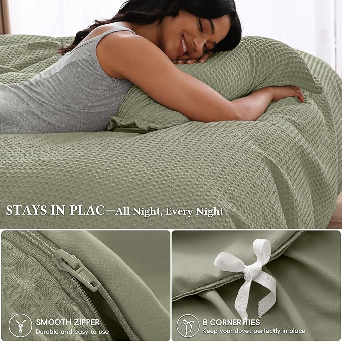 David's Home Textured Waffle Weave Duvet Cover Set, Twin Size, Dusty Sage | Breathable Cozy for All Season, 300GSM, 2PCS Home Bedding Decor, OEKO-TEX Certified, Hidden Zipper, 6 Corner Ties, 68" X 90"