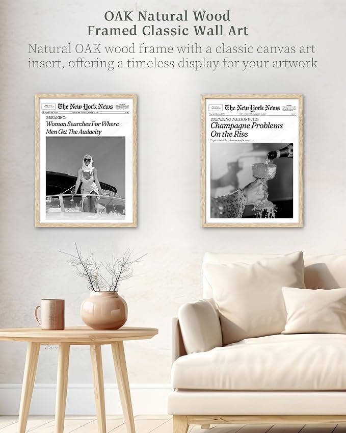 iHery 12x16in Champagne Problems on the Rise Framed Newspaper Art | Natural OAK Wood Frame with Canvas Print, Vintage Champagne Decor for Bar Cart, Kitchen, Living Room and Bathroom, 1Pack