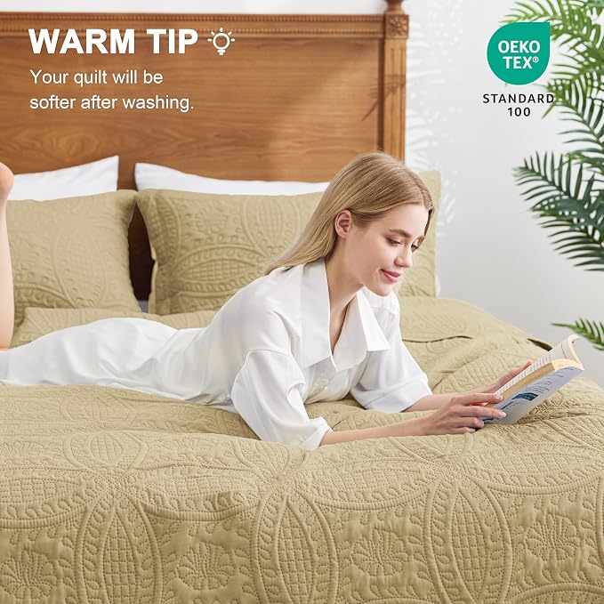 Love's cabin Twin Quilt Set Camel Bedspreads - Soft Bed Fall Lightweight Bedspread Comforter - Modern Style Coin Pattern Coverlet for All Season - 2 Pieces (1 Quilt, 1 Pillow Sham)