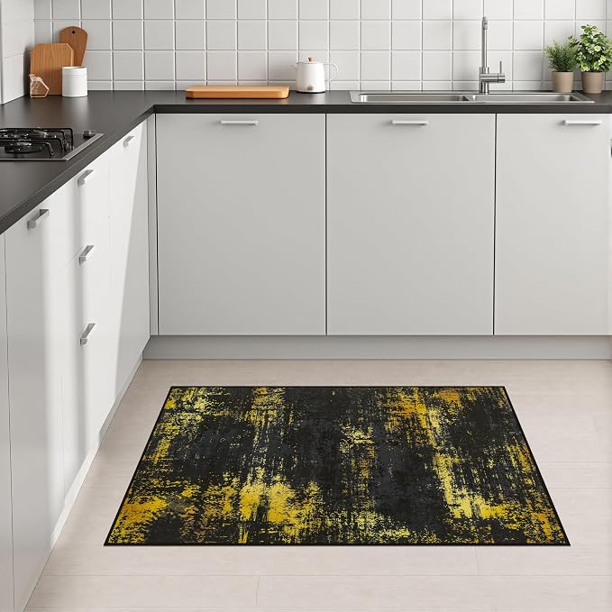 2x3 Washable Entryway Rug: Modern Abstract Soft Carpet Black Gold | For Entrance, Bedroom, Kitchen, Laundry, Bathroom,Door Mat,Modern Abstract,Machine washable,Non-Slip,Stain Resistant,Indoor