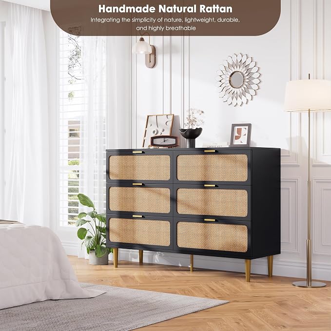 GarveeHome Rattan 6 Drawer Dressers for Bedroom, Deep Drawer, Black | Tall Dresser, Wide Top, for Living Room, Hallway, Kids Room, Large Chest of Drawers for Closet, Long Wooden Dresser