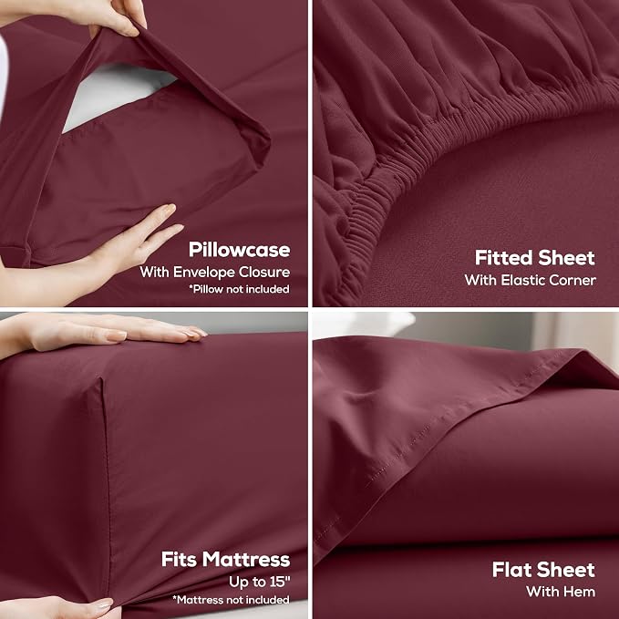 Full Sheets Set, 4 Pieces 16" Deep Pocket Hotel Luxury Bed Sheets, Burgundy | Extra Soft Bedsheet Set, Comfy & Breathable Cooling Sheets, Wrinkle & Fade Resistant, Fitted Sheet, Flat Sheet, 2 Pillowcases