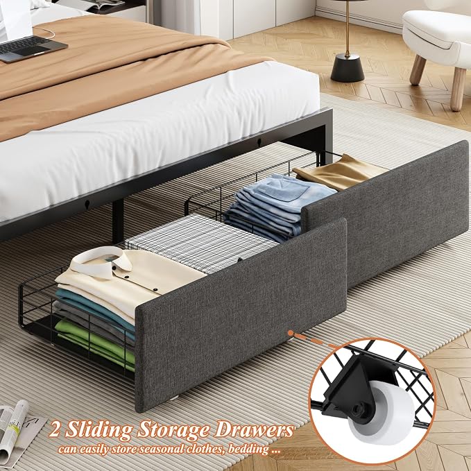 Queen Size Bed Frame with Storage Headboard and 2 Drawers, Upholstered Button Linen Platform Bed frame with Led Lights and Charging Station, No Box Spring Needed, Easy Assembly, Noise Free, Gray