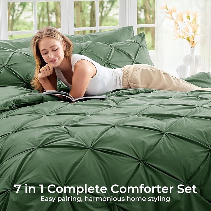 Sasttie King Size Comforter Set, 7-Piece Bed in a Bag, Pintuck Bedding Set for All Season, Includes Comforter, Flat Sheet, Fitted Sheet, Pillowcases and Pillowshams, Pale Green
