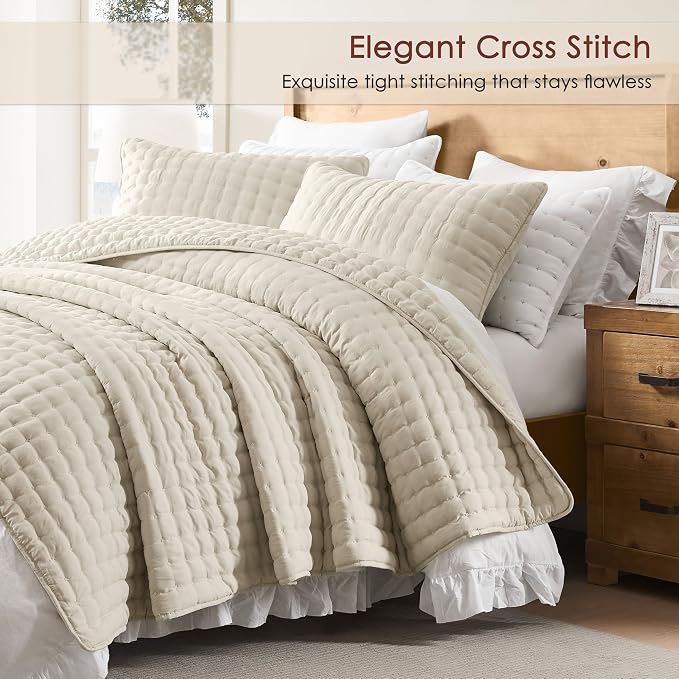 WDCOZY Beige Queen Size Quilts Bedding Sets with 2 Pillow Shams, Neutral Lightweight Soft Bedspread Coverlet, Quilted Blanket Thin Comforter Bed Cover for All Season, 3 Pieces, 90x90 inches