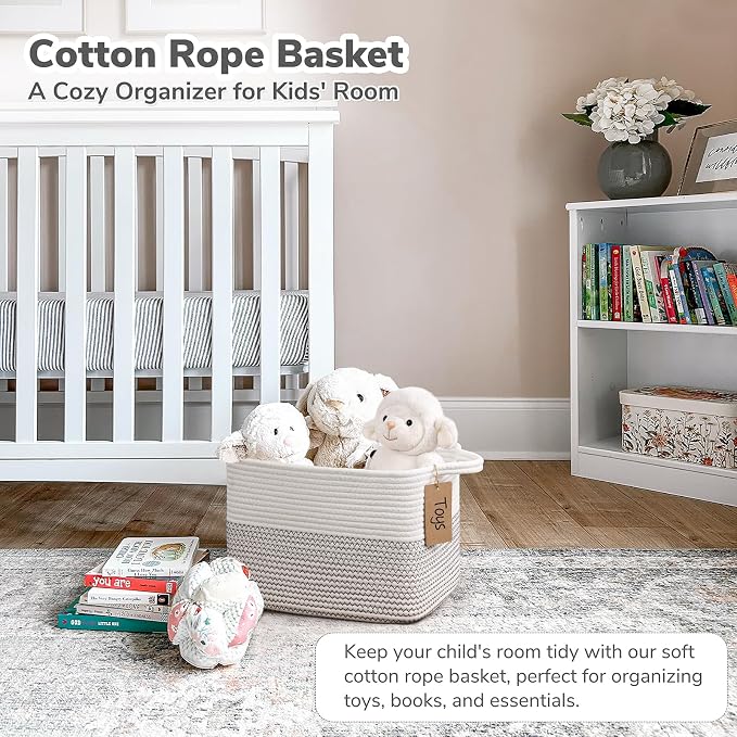 Goodpick Woven Rope Storage Basket for Shelves, Rectangle, Mix White | 13" × 10" × 9" Stylish Gift Basket for Nursery & Bedroom Organization, Cotton Rope Baskets for Toys & Baby Essentials Storage