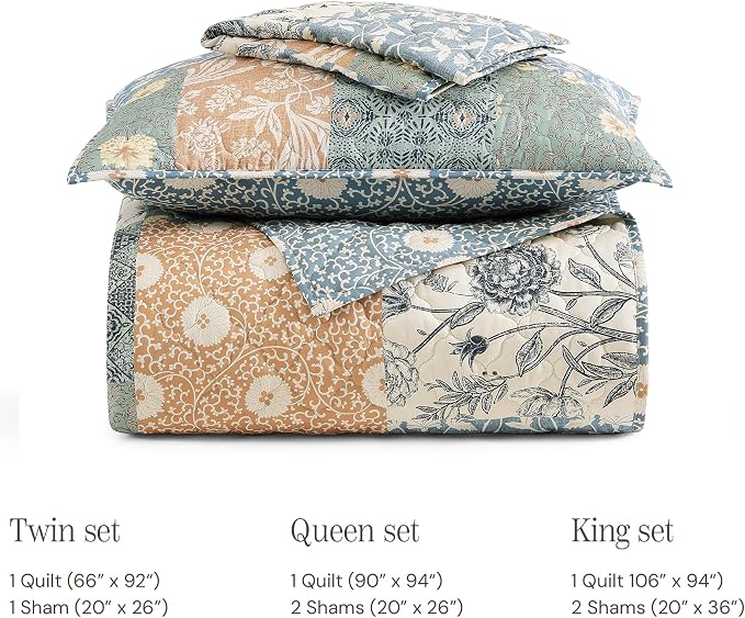 California King Quilt Set-3 Pieces Soft Bedding Floral Patchwork Coverlet | All Seasons Quilts Queen Size for Bed, 1 Quilt (120" x 110") and 2 Shams (20" x 36"), Vintage Bedspread, Green