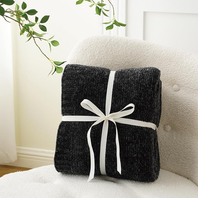 Black Throw Blanket for Couch, Soft Woven Chenille Throw Blanket 51"x67" | Shiny Chenille Blanket, Cozy Cable Knit Throw Blanket for Bed Sofa Home Decor