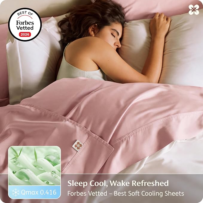 Bedsure PureWoven 100% Viscose Derived from Bamboo, Queen Sheets, 4PCS | Organically Grown, Cooling Bed Sheet for Hot Sleepers, 18" Deep Pocket with Corner Straps, Luxury Silky Soft, Pink