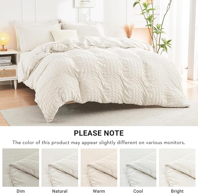 HYMOKEGE Ivory King Size Comforter Set Seersucker 7 Pieces, All Season Luxury Bed in a Bag for Bedroom, Bedding Set with Comforters, Sheets, Pillowcases & Shams