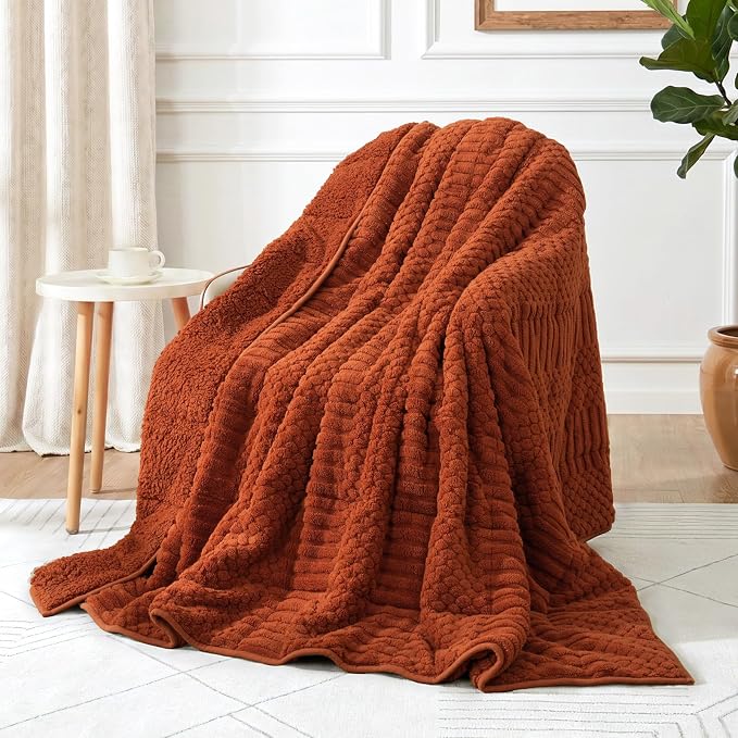 Sherpa Fleece Weighted Blanket for Adults, Orange 60" x 80" 15 lbs | Queen Size Bed, Super Soft Fuzzy Heavy Throw Blankets for Better Sleep and Relaxation, Jacquard Knitted, Chunky Warm Fluffy