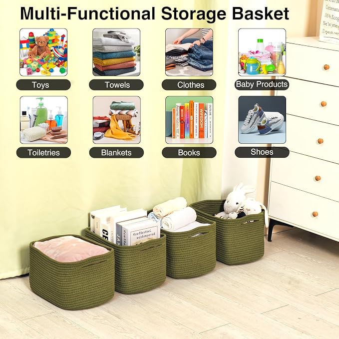 ICERZCZ Storage Basket for Shelves, Small Baskets for Organizing, Woven Cotton Rope Baskets for Storage, Book Basket, Decorative Shelf Basket, 12.5"Lx9.1''Wx7.9''H (4 Packs) Green