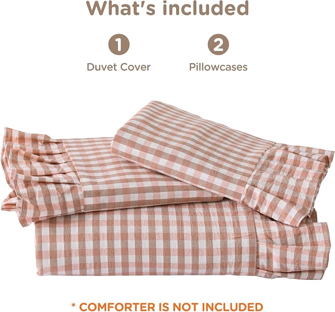 ATsense Pink Brown Gingham Ruffle Duvet Cover Set Cotton Like Linen, Queen | 100% Washed Cotton Linen-Like Feel Soft, Breathable & Comfy. Fall Farmhouse Bedding Set, Zipper & 8 Ties. 3 Pcs, No Insert
