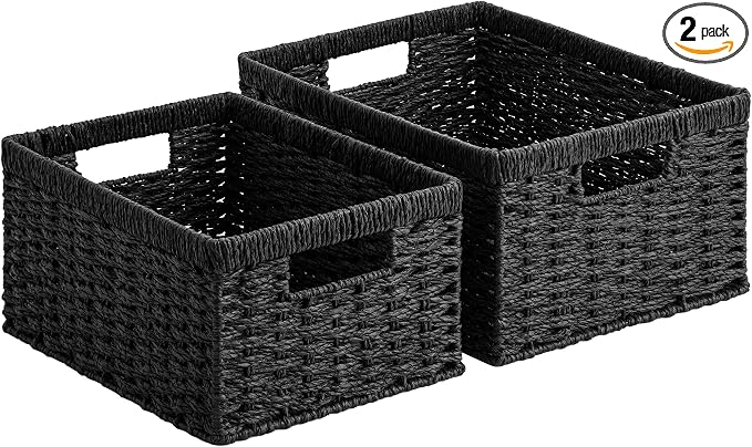 StorageWorks Wicker Storage Baskets for Organizing, Black Baskets, 2-Pack | Paper Rope Wicker Baskets with Handles, Black Storage Baskets for Shelves, Black Wicker Baskets, Woven Baskets