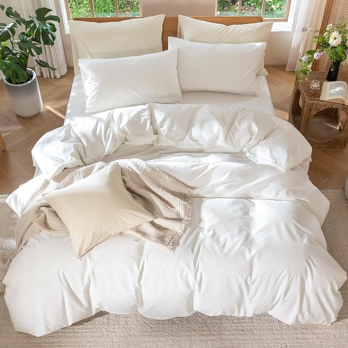 MooMee Duvet Cover Set 100% Washed Cotton Linen Like Alaska King | Relaxed Linen-like Texture. Soft, Breathable & Long-lasting Comfort. Lightweight. Hidden Zipper with 8 Interior Corner Ties