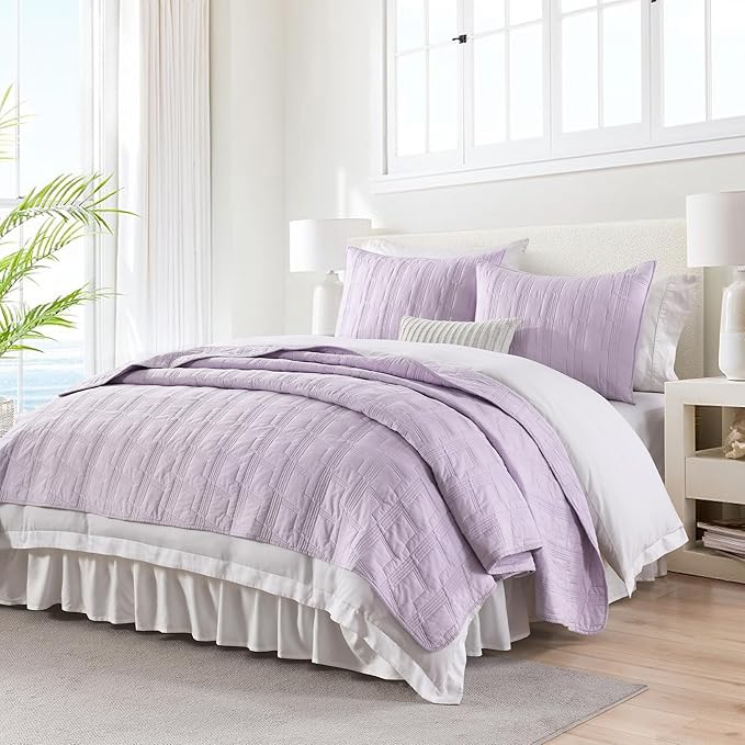HORIMOTE HOME 100% Cotton Quilt Set Queen Size, Lavender Pre-Washed 3-Piece Bedspread Coverlet Set, Cozy Lightweight Stitching Bedding Cover with 2 Shams in Geometric Pattern for All Season