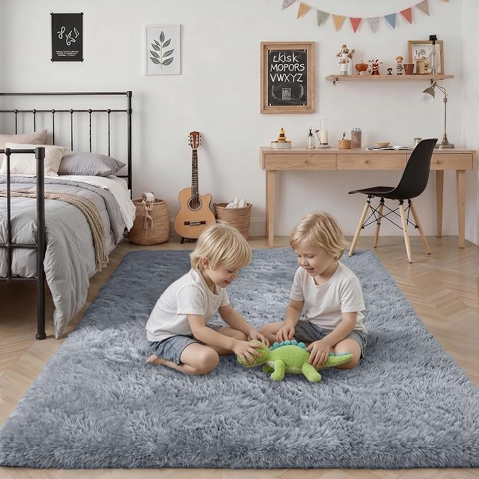 Area Rug Living Room Bedroom: 6x9 Fluffy Plush Shag Carpet Gray | For Kids Room Playroom Nursery Home Decor,Ultra Soft,Non-Slip Non-Shedding,Fuzzy Plush,Large Indoor Floor Carpet,Easy Clean